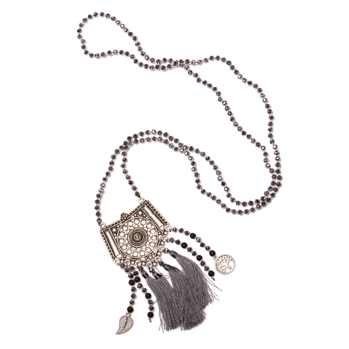 Long Crystal Necklaces With Patterned Metal Pendant