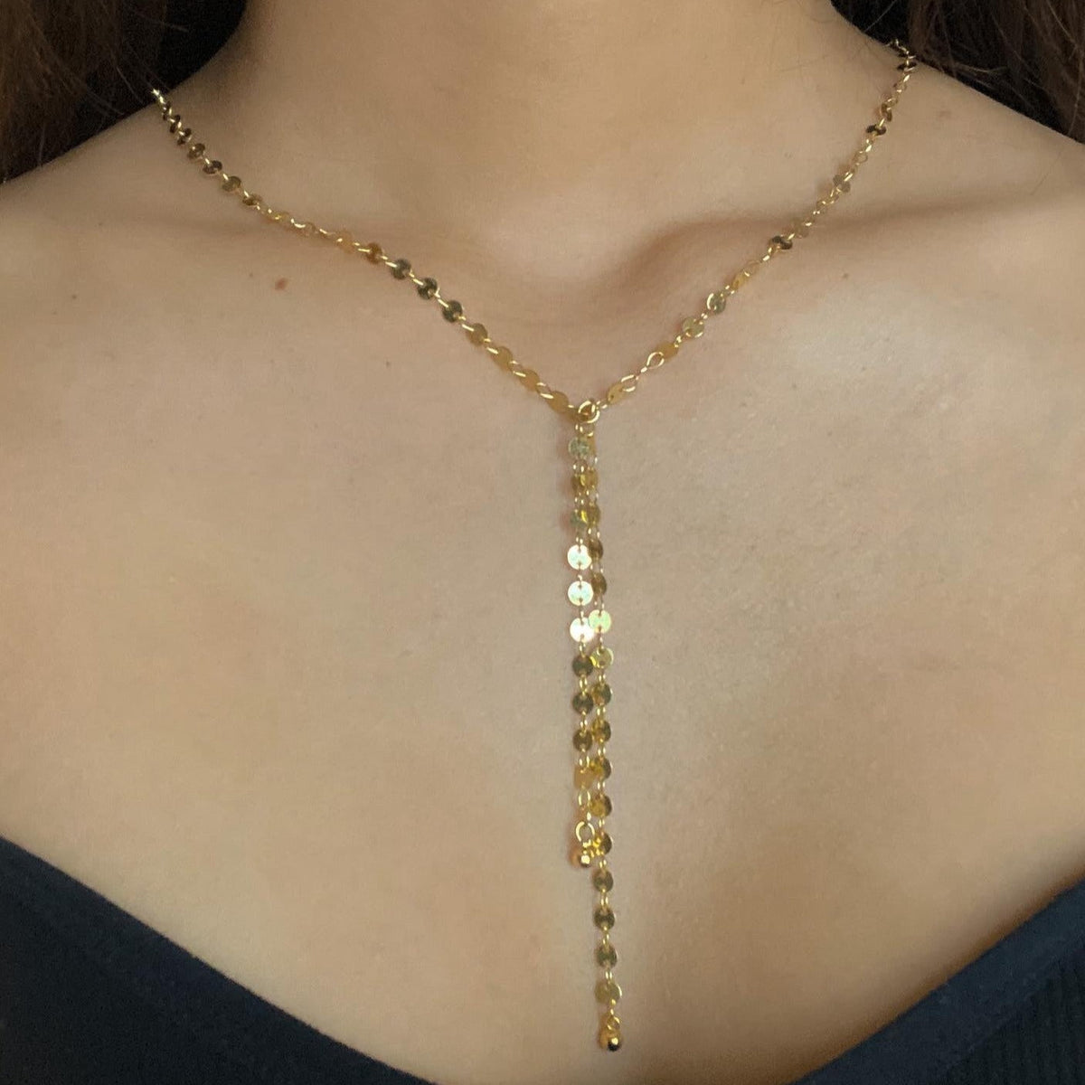 Disc Chain Necklace With Double Drop In Gold Plate