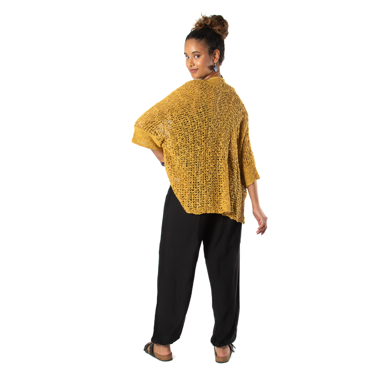 Popcorn Knit Short Sleeve Cardigan - Mustard