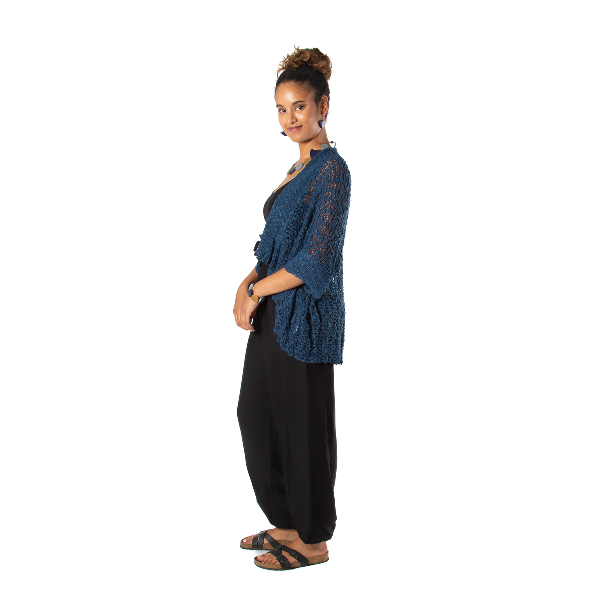Popcorn Knit Short Sleeve Cardigan - Navy Blue