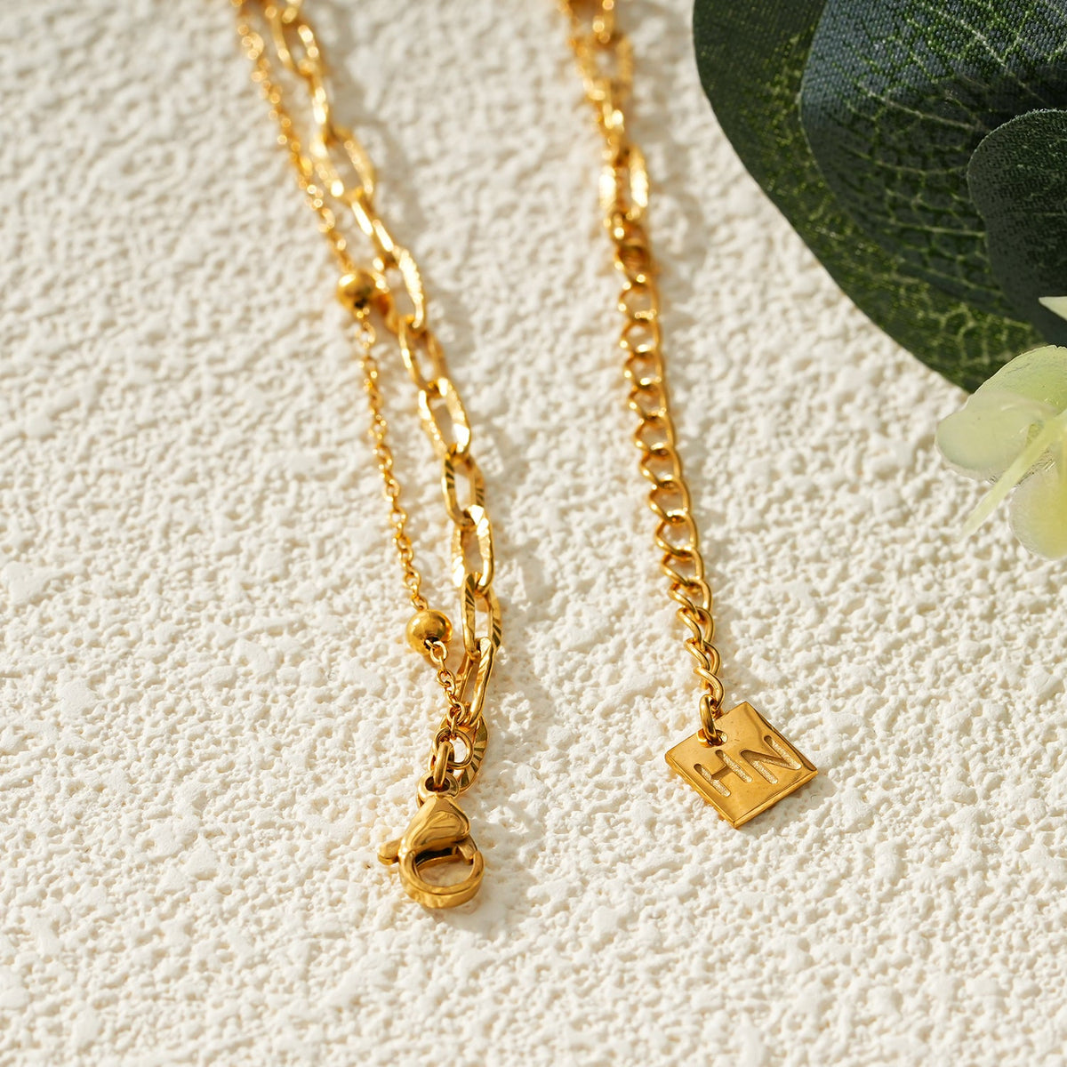 CASTILIA LG Gold Anklet: Double Stacked Paper Clip Chain & Beaded Chain - Dazzle in Duality