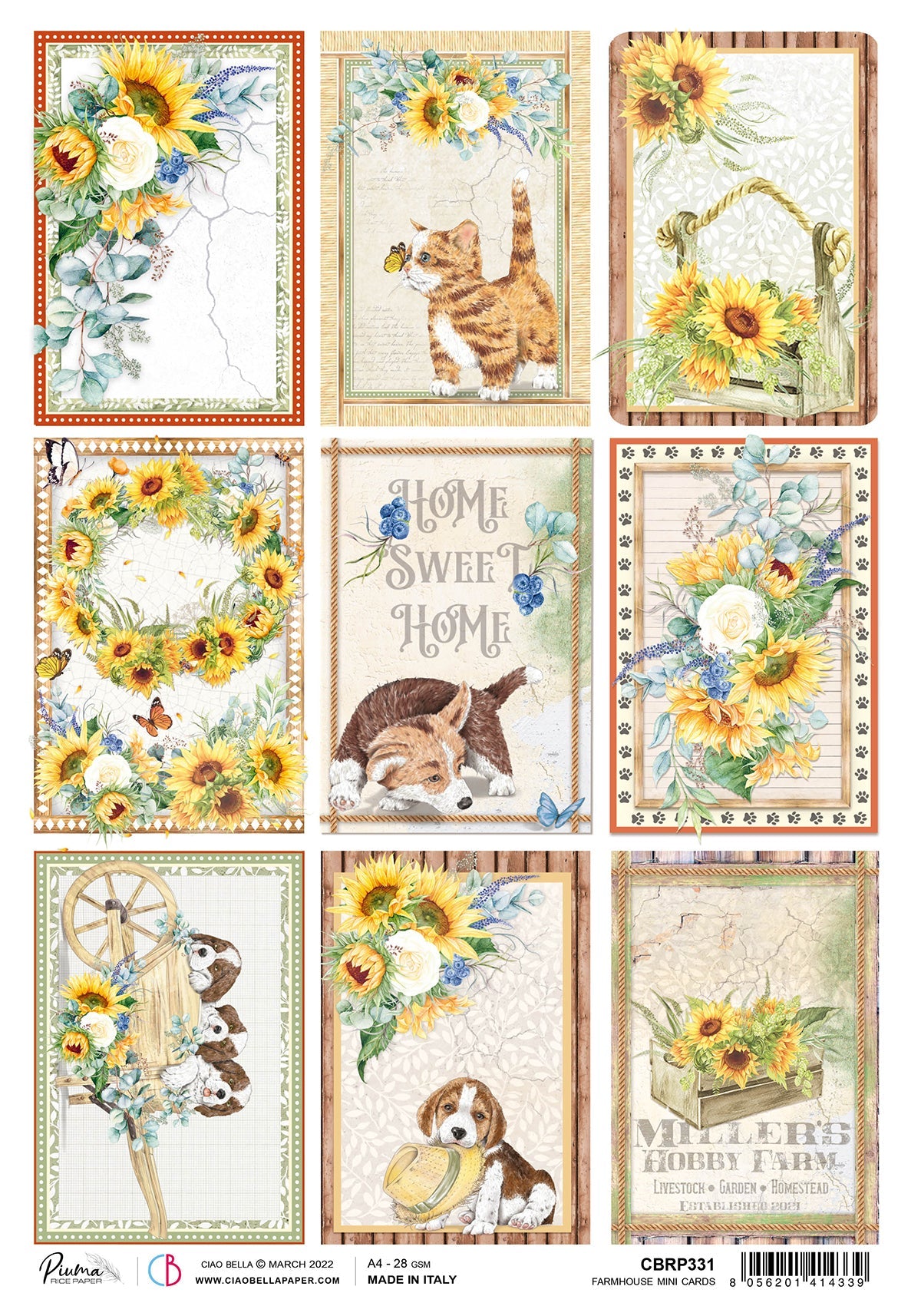 Ciao Bella Papiers de riz A4 Piuma Farmhouse Mini Cartes - 5 feuilles