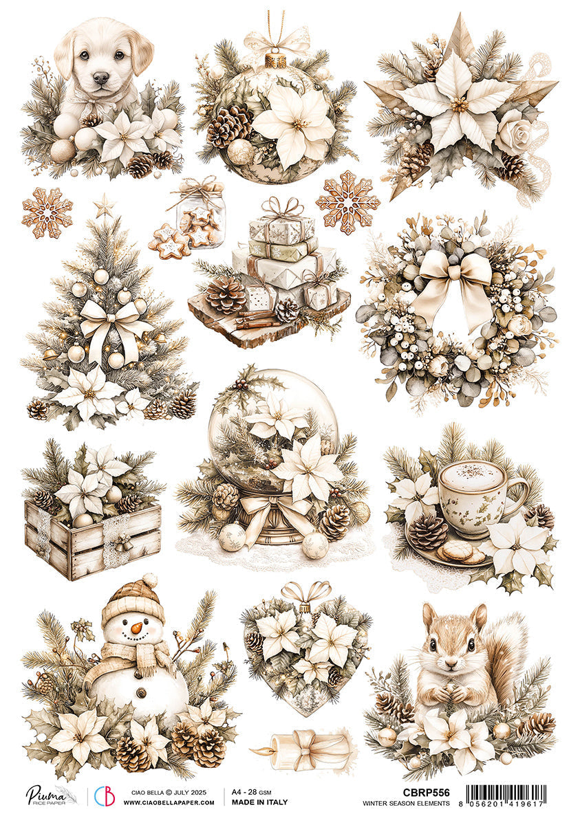 Rice Paper A4 Winter Season Elements - 5 Sheets