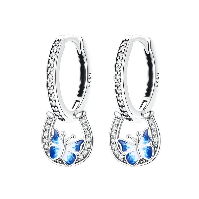 Boucles d'oreilles créoles en argent sterling avec papillon bleu porte-bonheur