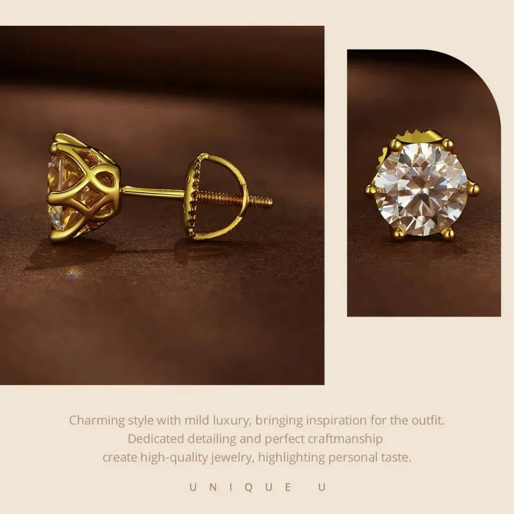 Puces d'oreilles rayonnantes en moissanite | Coupe ronde couleur D, argent 925 plaqué or