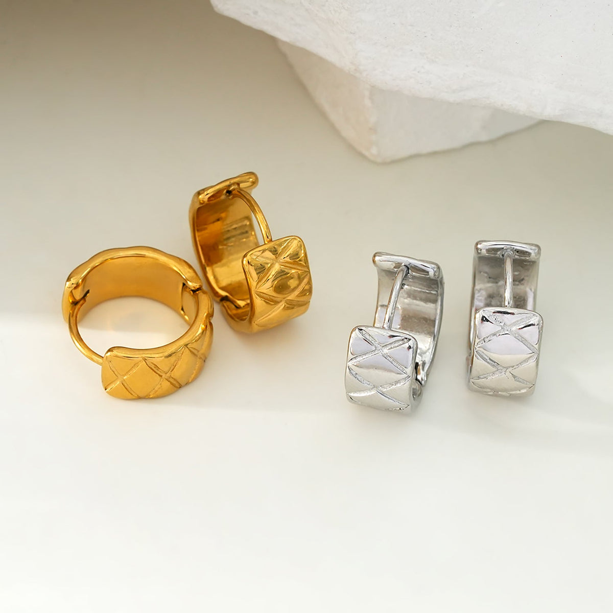 SHELBURNE: Decorative Etched Wide Mini Hoop Earrings in Gold