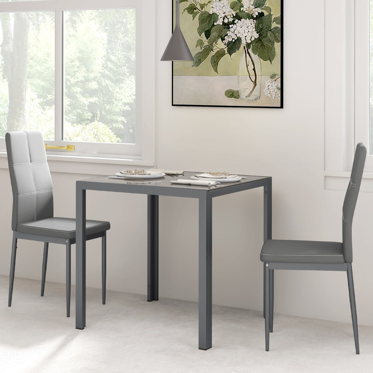 Ensemble de salle à manger rectangulaire 3 pièces en verre Zaya pour petits espaces - Gris