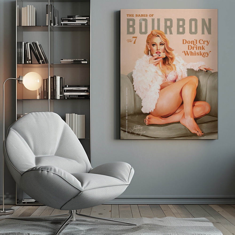 Whiskey Pinup with White Feather Wrap Canvas Wall Art | Babes of Bourbon Vol 7 Sexy Vintage Whiskey Pinup Girl