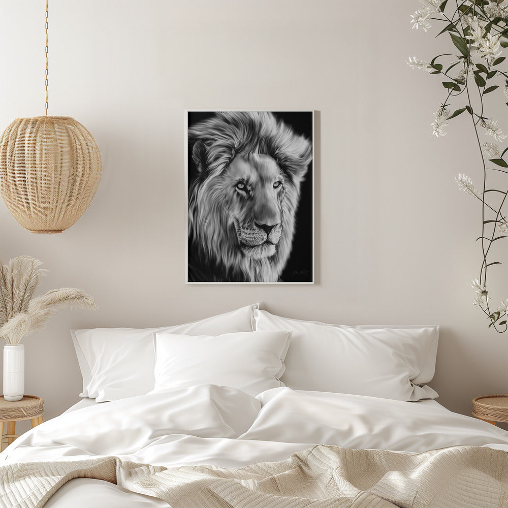 Monochrome Lion with Flowing Mane Canvas Wall Art | Leo II