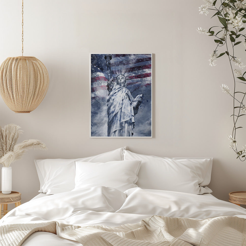 Blue Statue of Liberty American Flag Collage Canvas Wall Art | Modern Art STATUE OF LIBERTY | blue