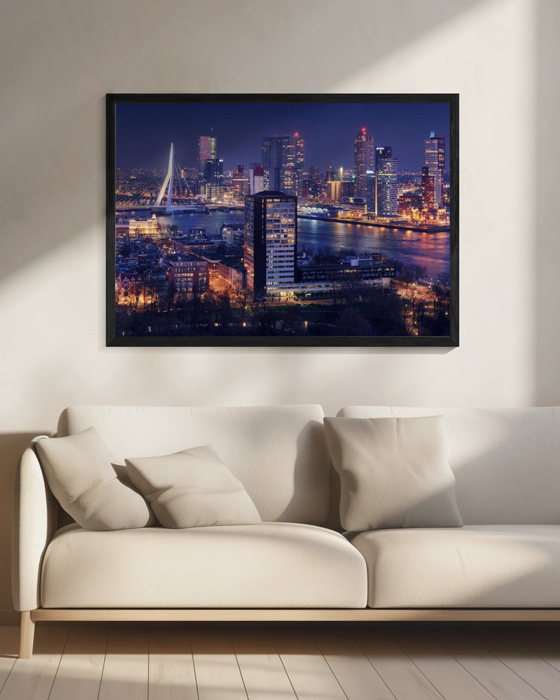 Rotterdam Skyline and Erasmus Bridge at Night Canvas Wall Art | Big Rotterdam 2