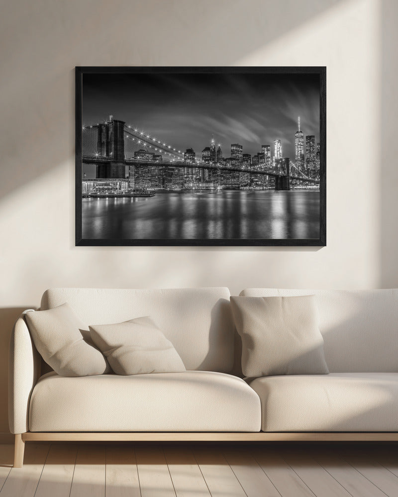Monochrome Brooklyn Bridge Night Skyline Canvas Wall Art | BROOKLYN BRIDGE Nightly Impressions - Monochrome