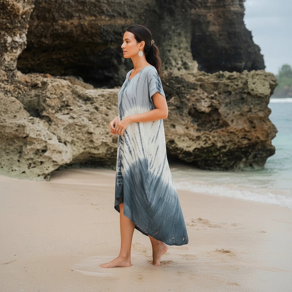 Tie Dye Lapis Ombre Kaftan Dress - Cream & Grey