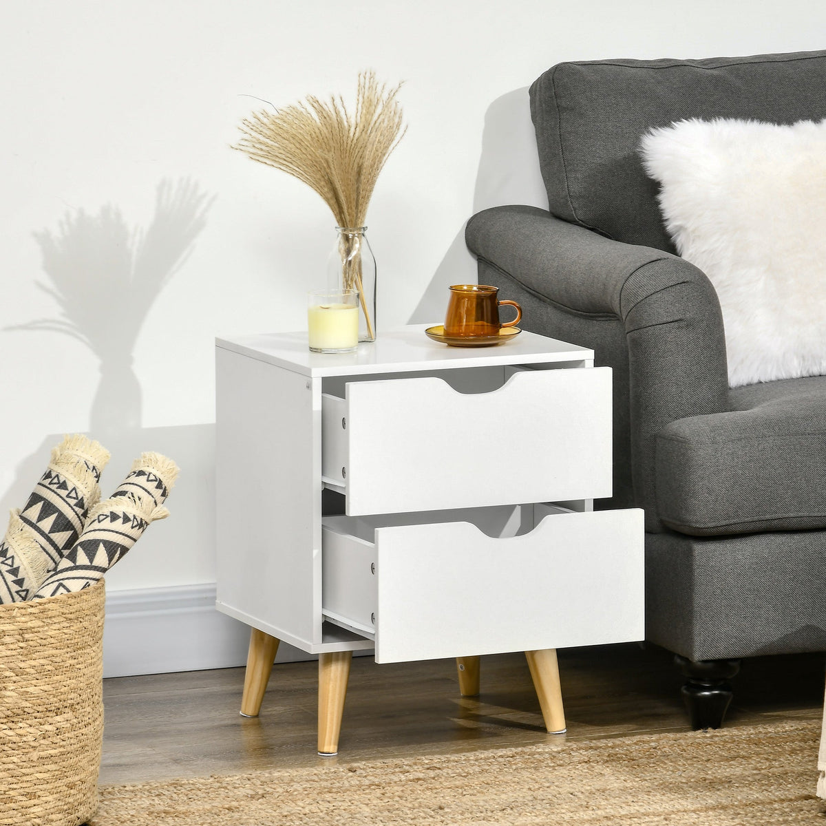 Jesse Nightstand with 2 Drawers and Pine Wood Legs-White