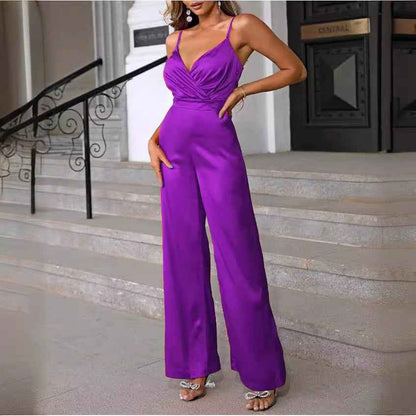 Fitted-waist Strapless Chic V-neck Wide-leg Jumpsuit