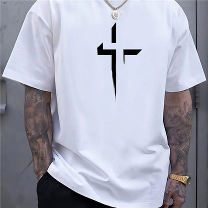Street-style Mens Casual Loose-fit Cross-print Creative Sports Short-sleeve Top