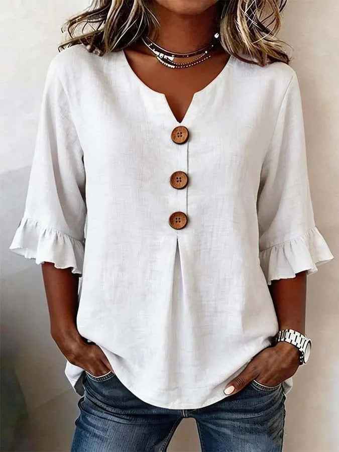 Summer Ruffled-Sleeve Top Loose Casual V-Neck Buttons Short-sleeved Shirts Women's Clothing