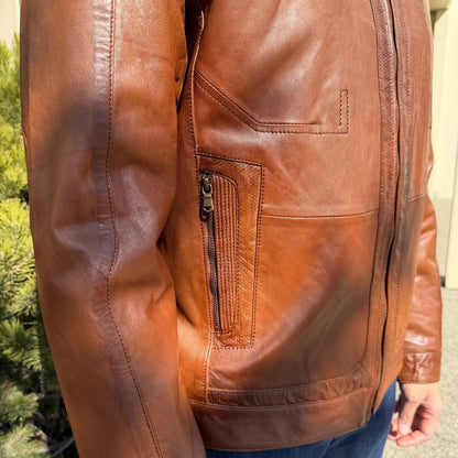 BOL Men’s Snap Collar Leather Racer Jacket. Genuine Sheep Leather Cafe Racer with 4 Zip Pockets