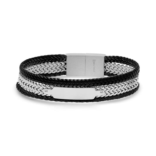 Men's Steel Biker Bracelet. Black Leather Braided Chain Multi-Layer Magnetic Clasp