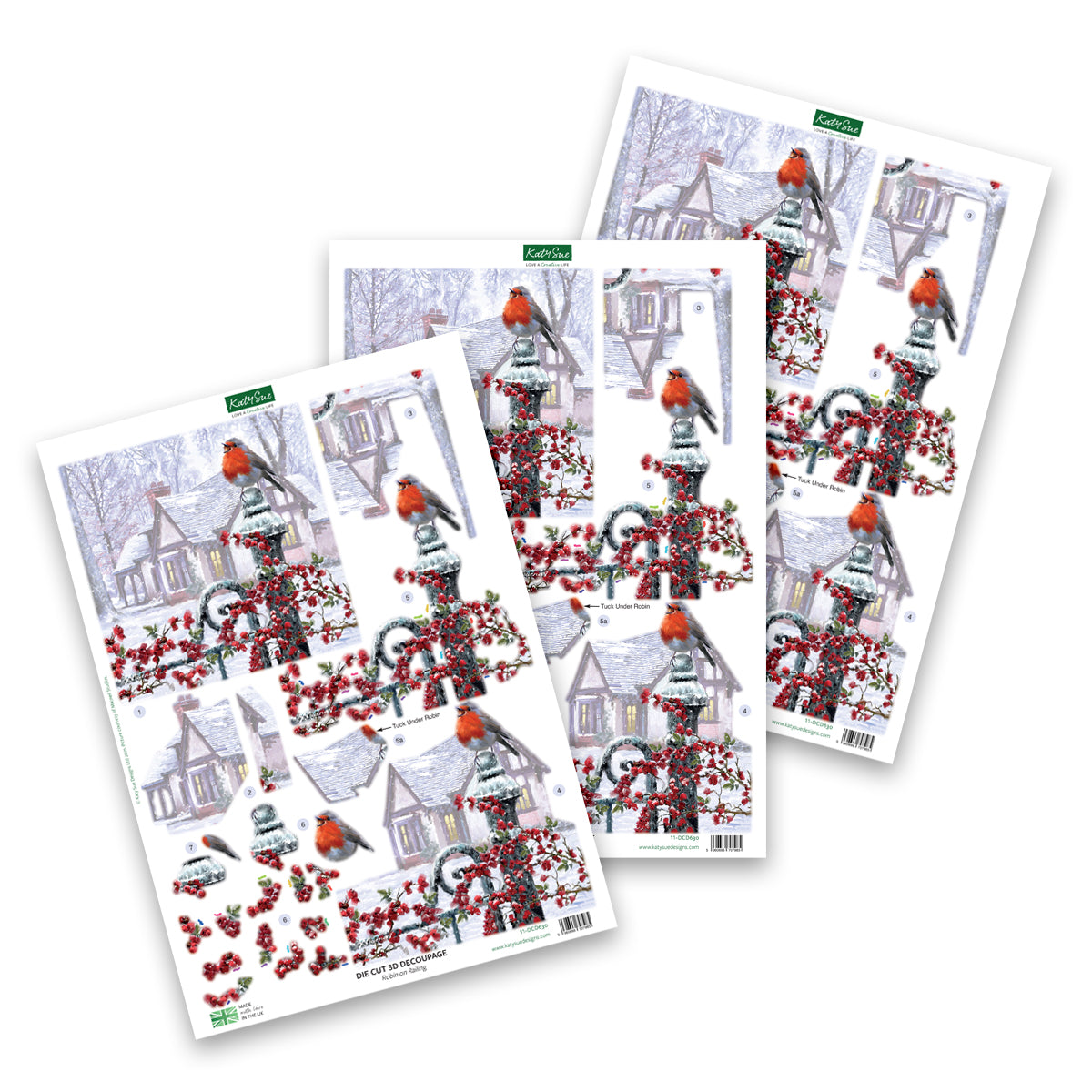 Découpage prédécoupé – Rouge-gorge sur une barrière (Lot de 3)