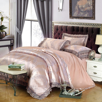 Parure de lit de luxe quatre pièces en coton jacquard – Housse de couette en pur coton et drap de lit en satin de soie