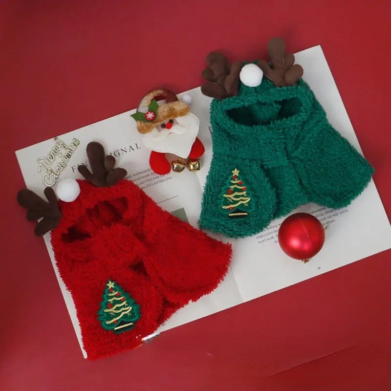 Candy Cane Reindeer Hooded Dog Cloak | Holiday Outerwear Clothing