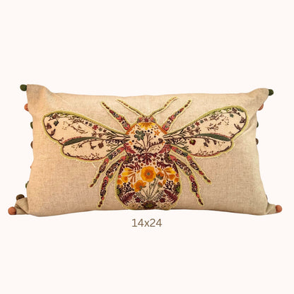 Housse de Coussin Lombaire en Lin Brodé Bourdon – Coussin Décoratif Bohème Chic et Ferme avec Pompons