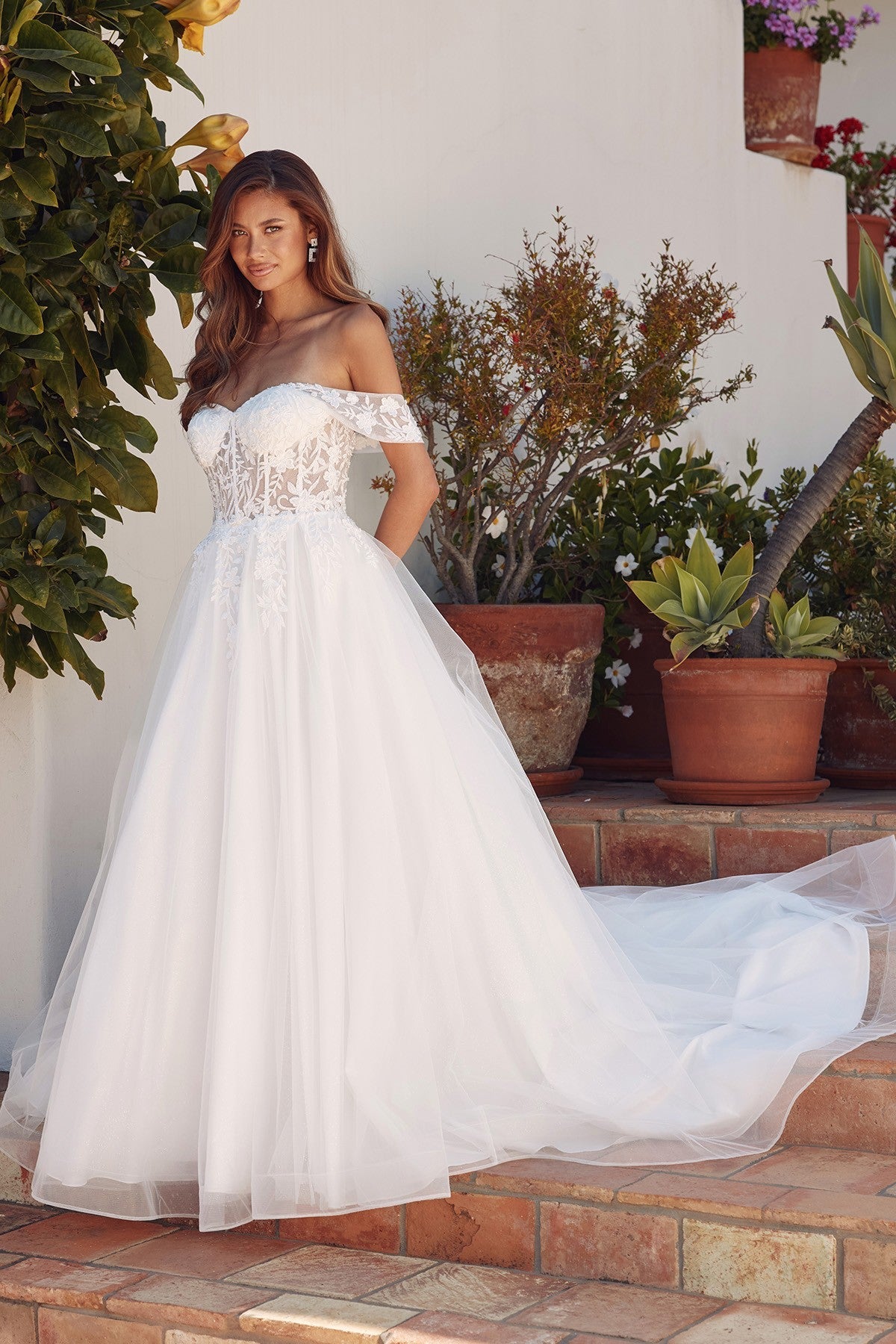 Off-Shoulder Wedding Gown with floral appliqué