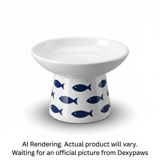 White with Fish Print Flat Top Ceramic Bowl for Cats
