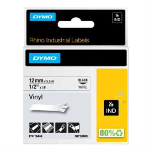 DYMO Rhino Industrial Vinyl Labels, 1/2", Black Print on White Tape