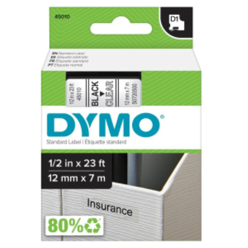 DYMO D1 Standard Labels for LabelManager Label Makers, 1/2" x 23-Foot, Black Print on Clear Tape, Self-Adhesive, 1 Cartridge