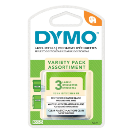 DYMO LT Labels Variety Pack, 1/2" x 13-Foot Rolls, Black Print, 3 Rolls, for LetraTag label makers