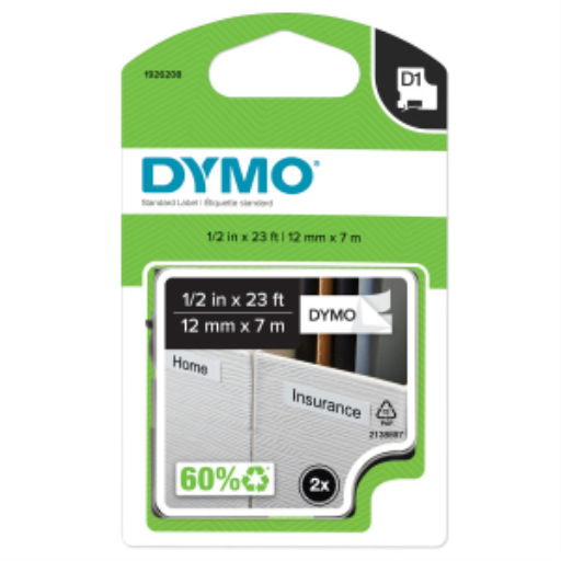 DYMO Authentic D1 Labels For LabelManager Label Makers, 1/2" x 23-Foot Roll, Black Print on White Tape, Self-Adhesive, 2 Pack