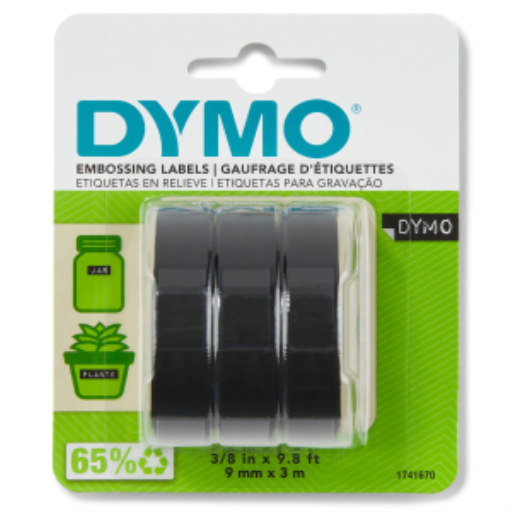 DYMO Self-Adhesive Embossing Labels, White Print on Black Tape, 3/8" x 9.8-Foot Rolls, 3 Pack
