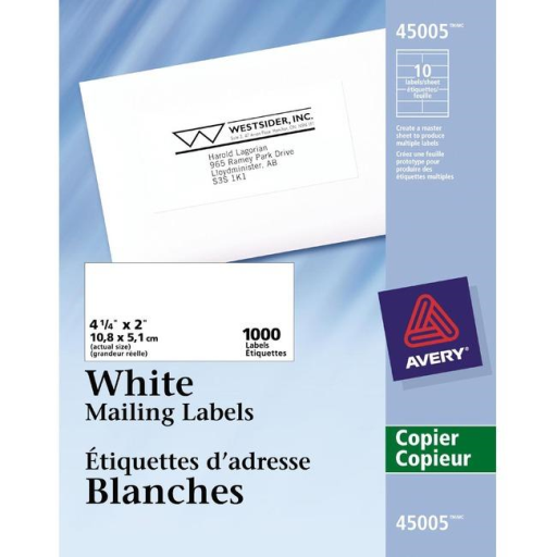 ÉTIQUETTES POUR COPIEUR, 4 1/4" X 2", PERMANENTES, BLANCHES, 100 FEUILLES