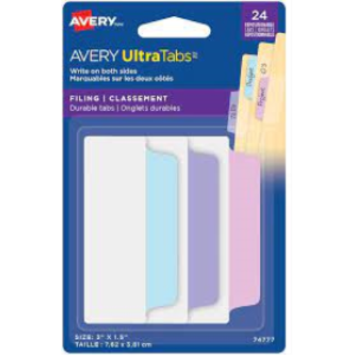 UltraTabs Filing Tabs, Pastel Colours, Lavender, Lt Blue, Pink, 24 pack