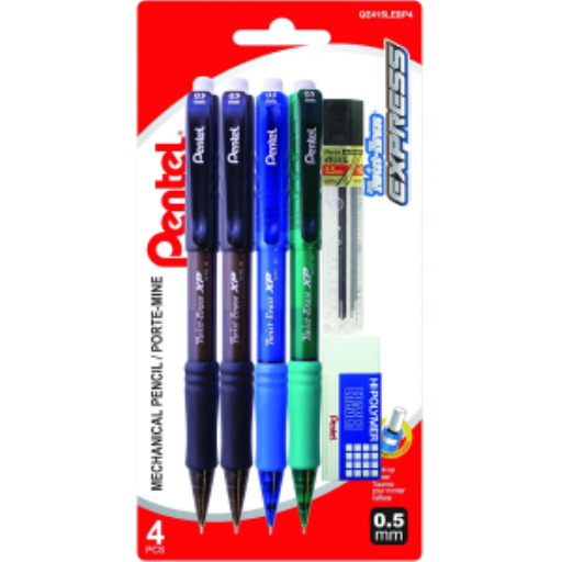 Twist-Erase Express Mechanical Pencils, (0.5mm) Assorted Colours, 4PC Pack with Refill Lead and Eraser