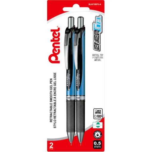 Stylo-gel liquide rétractable EnerGel, pointe aiguille (0,5 mm), encre noire, paquet de 2