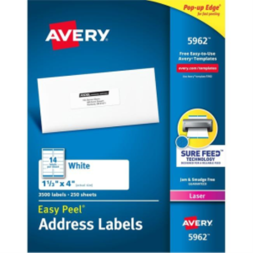 Étiquettes rectangulaires Avery pour imprimantes laser/jet d'encre à décollement facile, 1" x 4", permanentes, 250 feuilles/boîte, 3500 étiquettes/boîte
