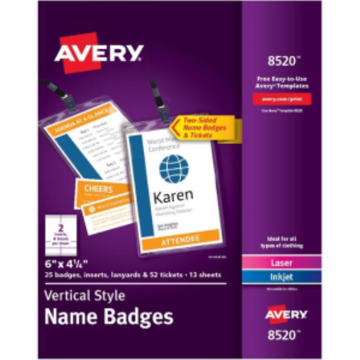 Kit de badges nominatifs Avery Laser/Jet d'encre style vertical 15,2 x 10,2 cm (inserts, porte-badges, tour de cou, 2 billets), 25/boîte