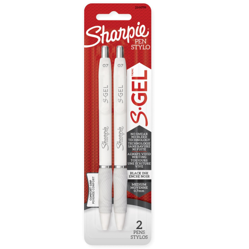 Sharpie S-Gel, stylos gel, pointe moyenne (0,7 mm), corps blanc nacré, encre gel noire, lot de 2