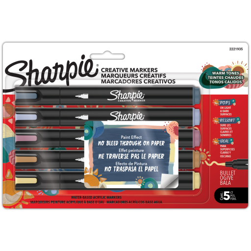 Sharpie Creative Markers, Warm Tones, Water-Based Acrylic Markers, Bullet Tip, Assorted Colours, 5 Count