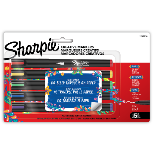 Sharpie Creative Markers, Water-Based Acrylic Paint Markers, Fine Tip, Assorted, 5 Count