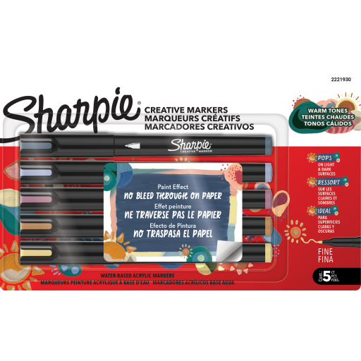Sharpie Creative Markers, Warm Tones, Water-Based Acrylic Markers, Fine Tip, Assorted Colours, 5 Count