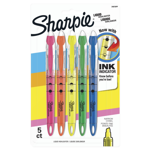 Sharpie Liquid Highlighters, Chisel Tip, Assorted Fluorescent, 5 Pack