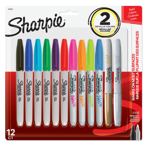 Sharpie Permanent Markers, Fine Point, Assorted Colours, 12 Count