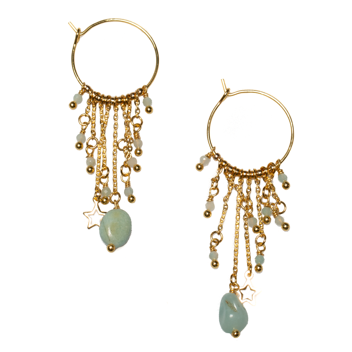 Boucles d'oreilles créoles chaîne avec perles en amazonite et verre, plaqué or