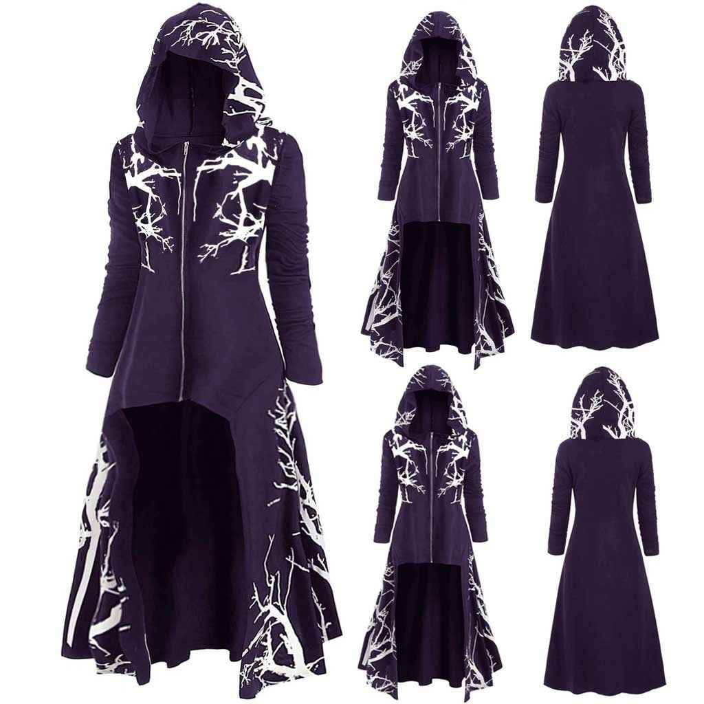 Gothic Halloween Cape Jacket for Women – Printed Long Sleeve Zip-Up Costume Coat