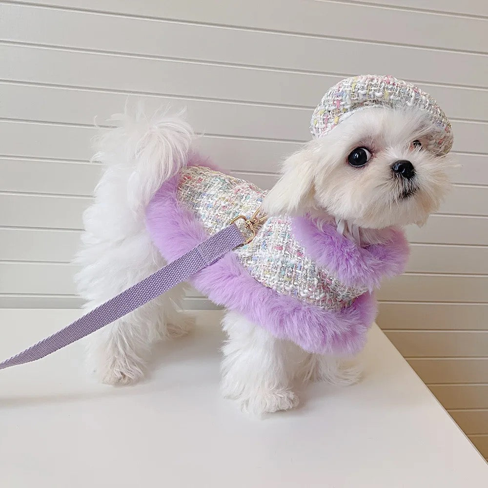 Lilac Harness and Leash Set | Plaid Dog Harness Hat Set