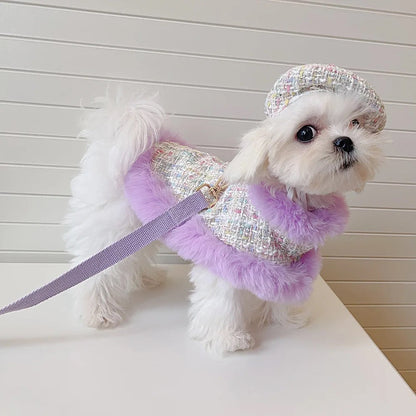 Lilac Harness and Leash Set | Plaid Dog Harness Hat Set